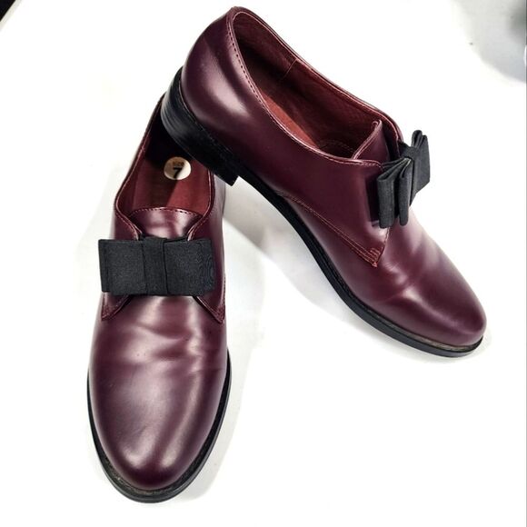 F-TROUPE Burgundy Bow Leather Oxfords Slip On 7 - Picture 1 of 7